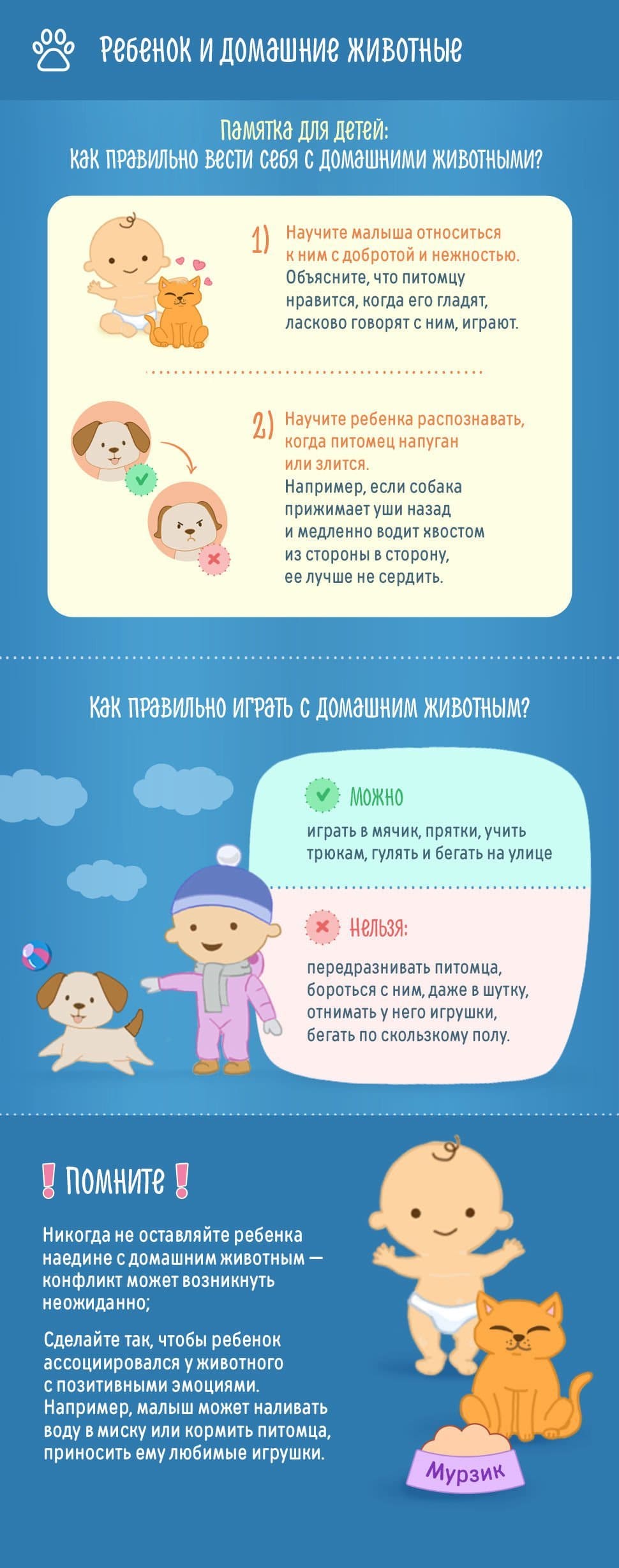 Как правильно малышу вести себя с домашними животными (в картинках)
